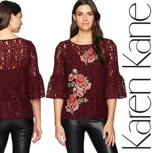 Karen Kane Lace Embellished Bell Sleeve Top NWOT